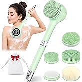 Electric Body Brush Back Scrubber For Shower, Auto Spinning Exfoliating Massage Bath Brush, Rechargeable, Dual Long Handle, Deep Cleansing, Waterproof, Rotating Body Brushes With 5 Brush Heads Green