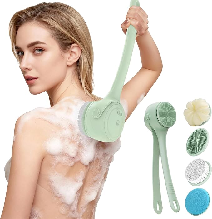 Electric Body Brush Back Scrubber For Shower, Auto Spinning Exfoliating Massage Bath Brush, Rechargeable, Dual Long Handle, Deep Cleansing, Waterproof, Rotating Body Brushes With 5 Brush Heads Green