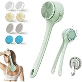 Electric Body Brush Back Scrubber For Shower, Auto Spinning Exfoliating Massage Bath Brush, Rechargeable, Dual Long Handle, Deep Cleansing, Waterproof, Rotating Body Brushes With 5 Brush Heads Green